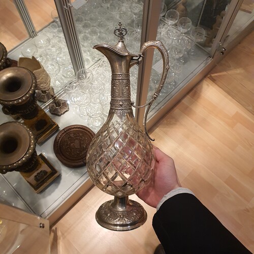 19th century silver and crystal jug