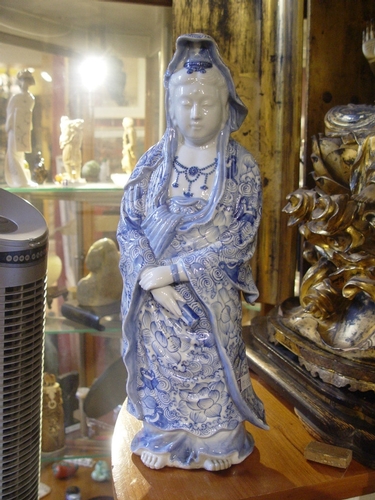 A Japanese Meiji period blue and white Guanyin figure