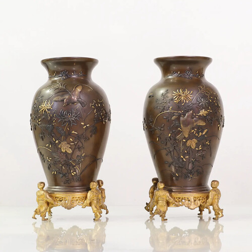 Pair of 19th C. Japanese mixed metal vases. 